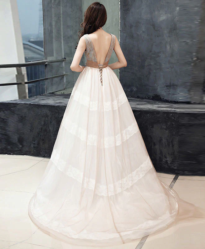 Unique V Neck Tulle Lace Long Prom Dress Tulle Lace Formal Dress - Deanwangkt