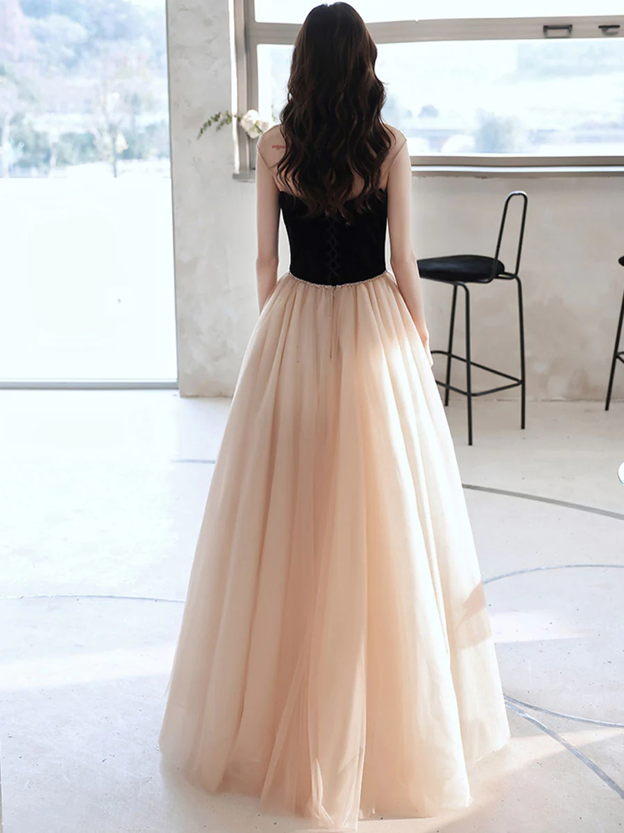 Simple Champagne Long Prom Dresses, Champagne Tulle Formal Dresses - Deanwangkt