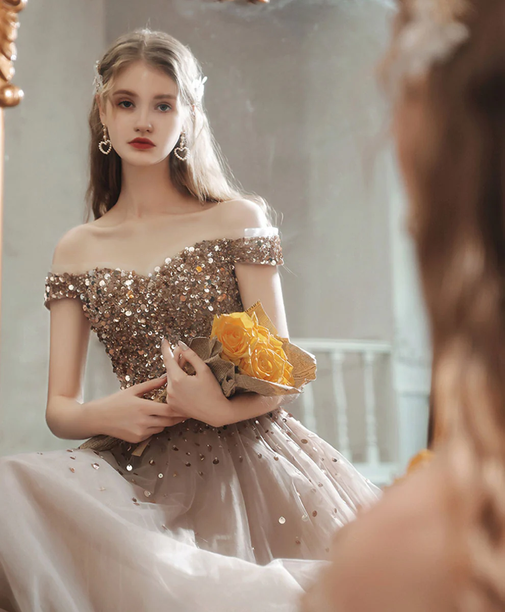 Champagne A line Long Prom Dress, Off Shoulder Champagne Formal Dress with Beading Sequin - Deanwangkt