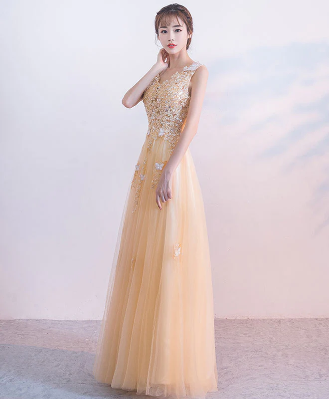 Champagne Tulle Lace Long Prom Dress. Champagne Tulle Evening Dress - Deanwangkt