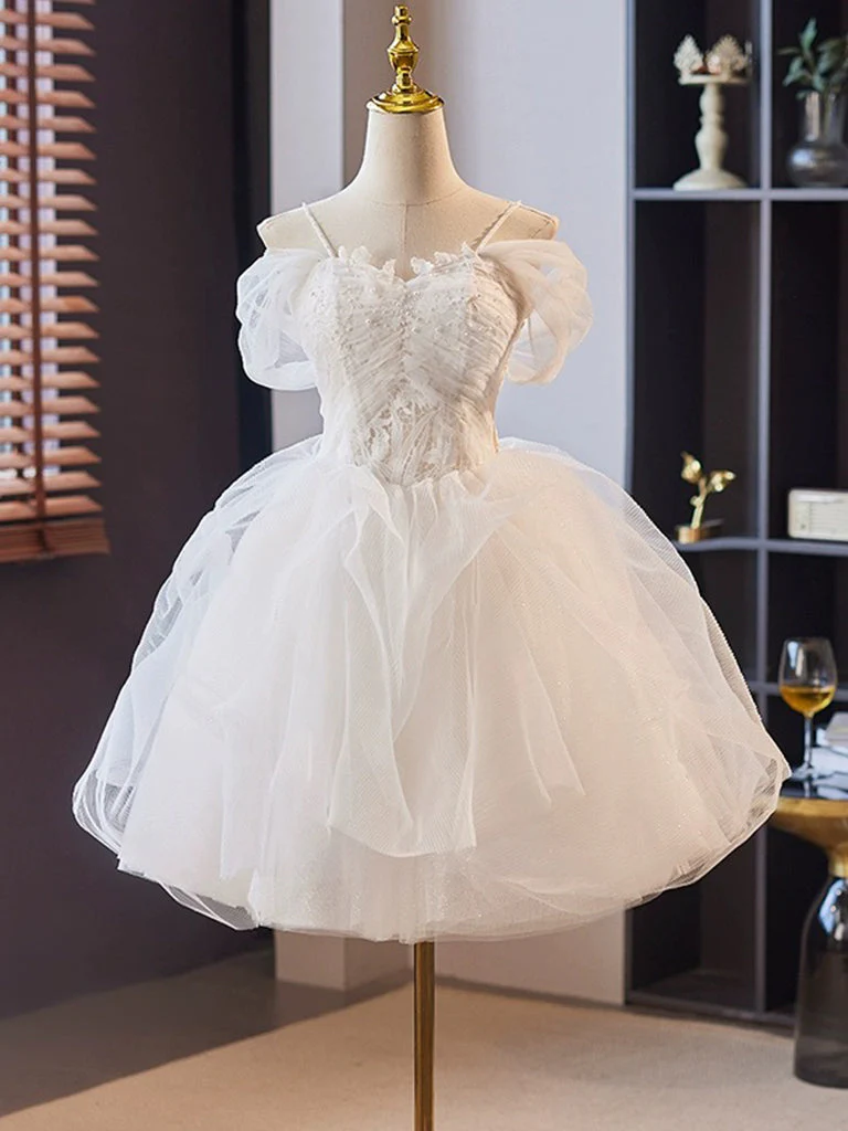 Off Shoulder Sweetheart Neck Tulle Lace White Short Prom Dress - Deanwangkt