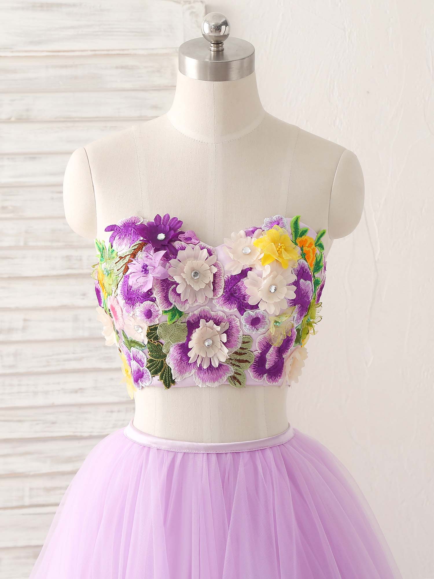 Purple Two Pieces Applique Tulle Long Prom Dress Purple Evening Dress - Deanwangkt