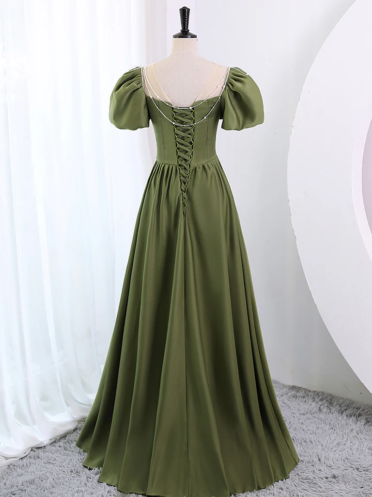A-Line Scoop Neckline Puff Sleeves Satin Long Green Prom Dress, Green Formal Dress - Deanwangkt