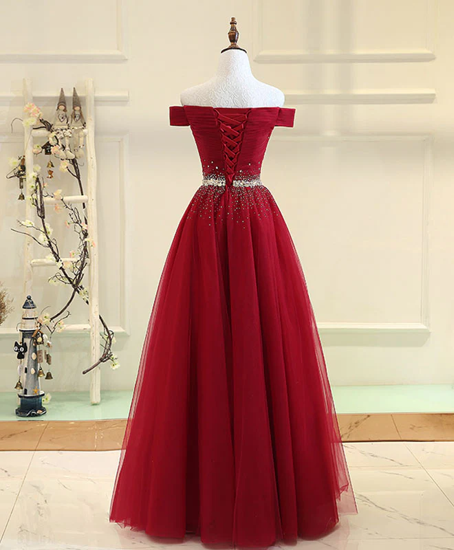 Burgundy Tulle Off Shoulder Long Prom Dress, Burgundy Evening Dress - Deanwangkt