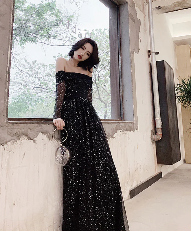 Black Tulle Long Prom Dress, Shiny Black Tulle Evening Dress - Deanwangkt
