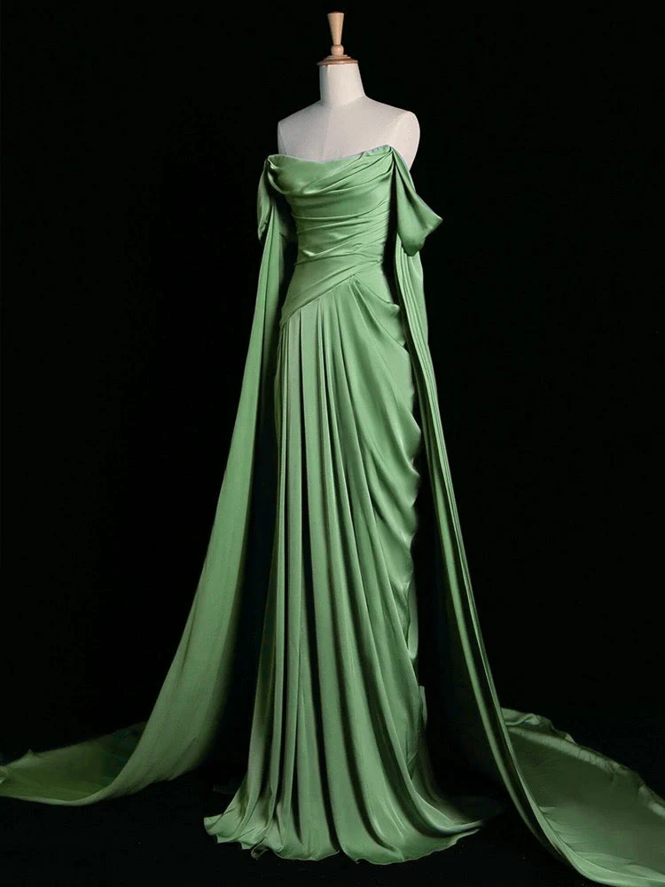 A-Line Off Shoulder Satin Green Long Prom Dress, Green Long Formal Dress - Deanwangkt