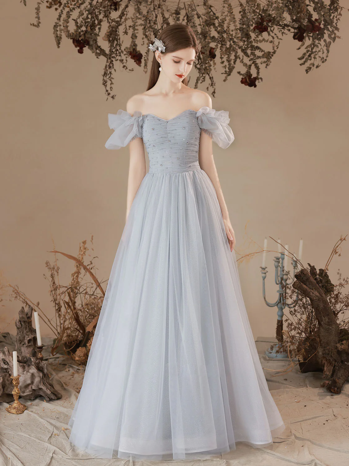 A-Line Sweetheart Neck Tulle Long Prom Dress, Blue Formal Graduation Dresses - Deanwangkt