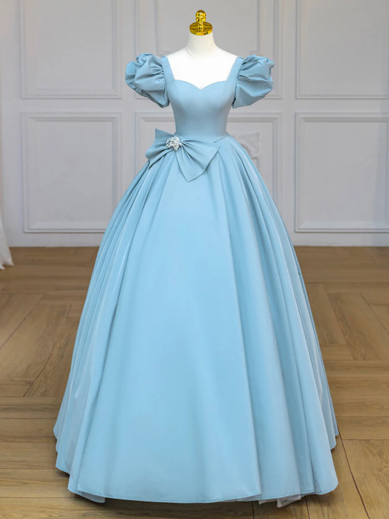 Blue Satin Puff Sleeves Long Prom Gown, Blue Long Sweet 16 Dress - Deanwangkt
