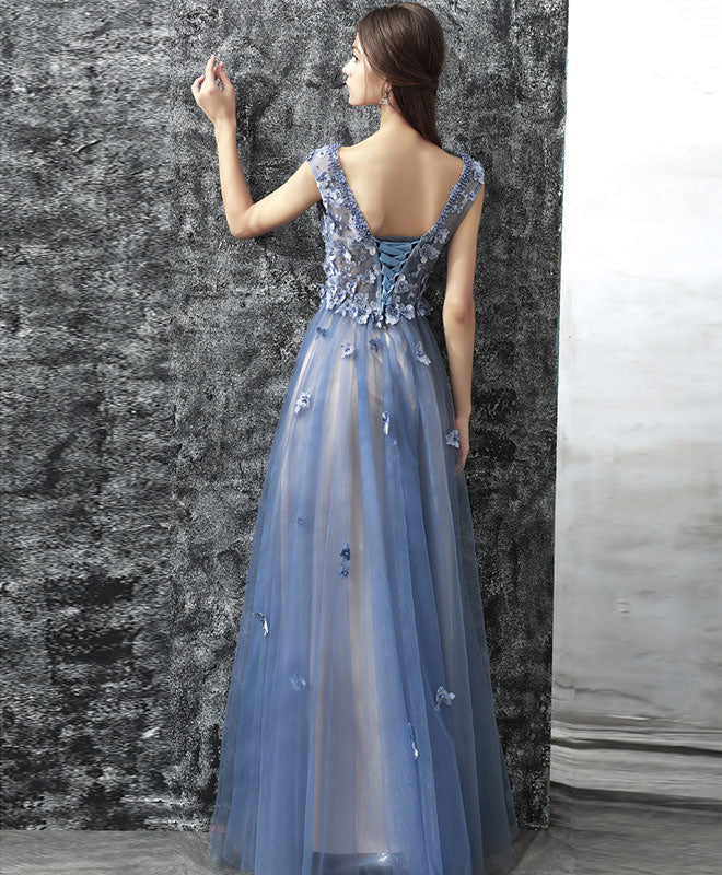 Blue Lace Applique Beads Tulle Long Prom Dress, Lace Evening Dress - Deanwangkt