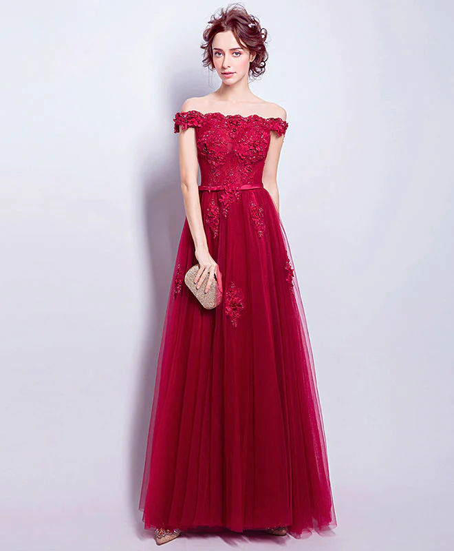 Burgundy Tulle Lace Applique Long Prom Dress, Burgundy Bridesmaid Dress - Deanwangkt