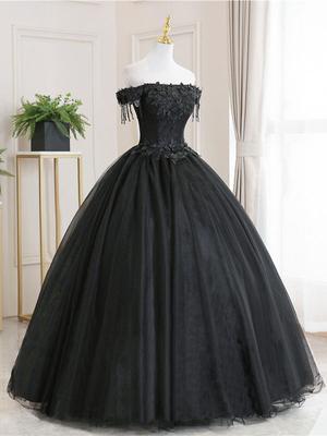 Black Tulle Off Shoulder Lace Long Prom Dress, Black Evening Dress - Deanwangkt