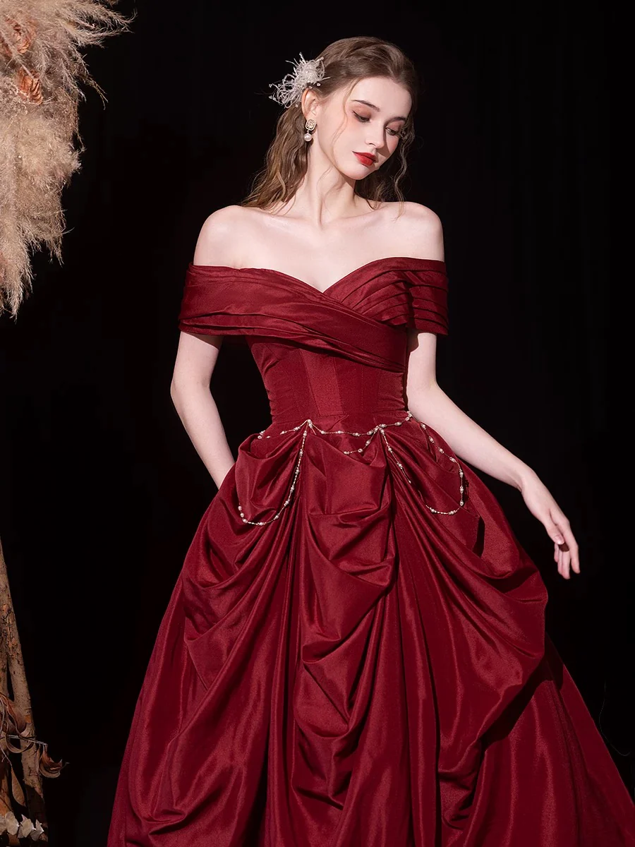 A-Line Off Shoulder Satin Burgundy Long Prom Dress, Burgundy Long Evening Dress - Deanwangkt