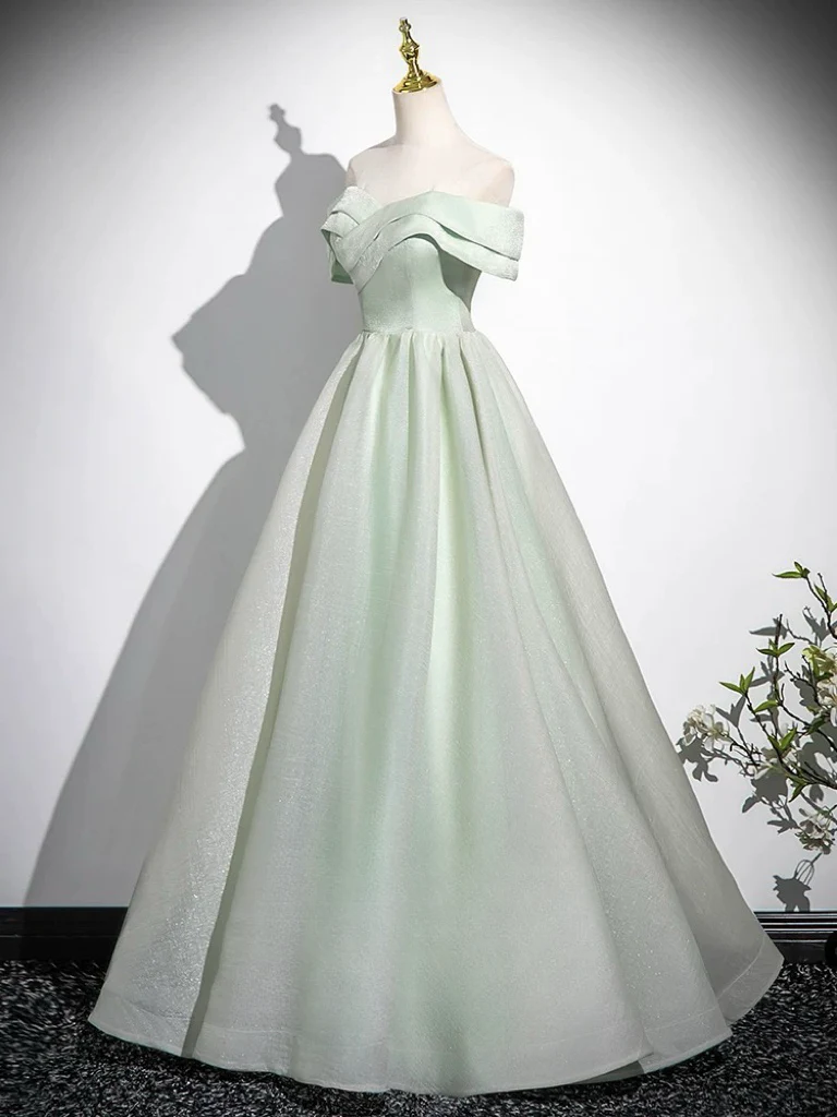 A-Line Off Shoulder Tulle Green Long Prom Dress, Green Long Formal Dress - Deanwangkt