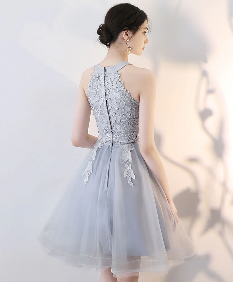 Gray Lace Tulle Short Prom Dress Gray Tulle Lace Homecoming Dress - Deanwangkt