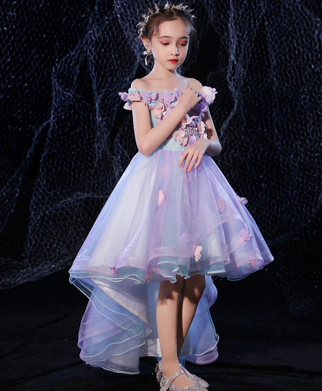 Purple Lace Tulle High Low Flower Girl Dress, Prom Dress - Deanwangkt