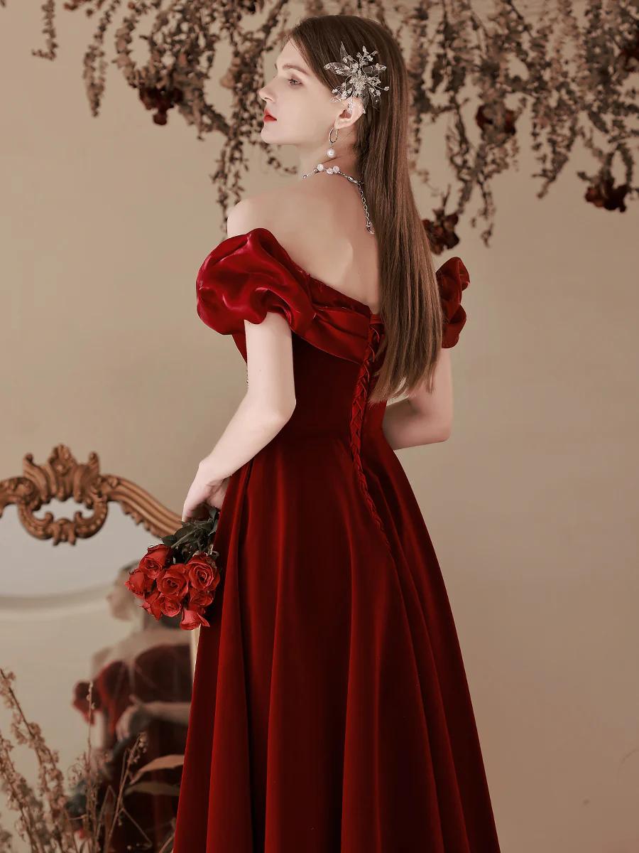 A-Line Off Shoulder Velvet Burgundy Long Prom Dresses, Burgundy Formal Evening Dress - Deanwangkt