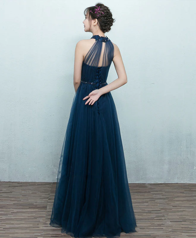 Simple Blue Tulle Long Prom Dress, Blue Tulle Bridesmaid Dress - Deanwangkt