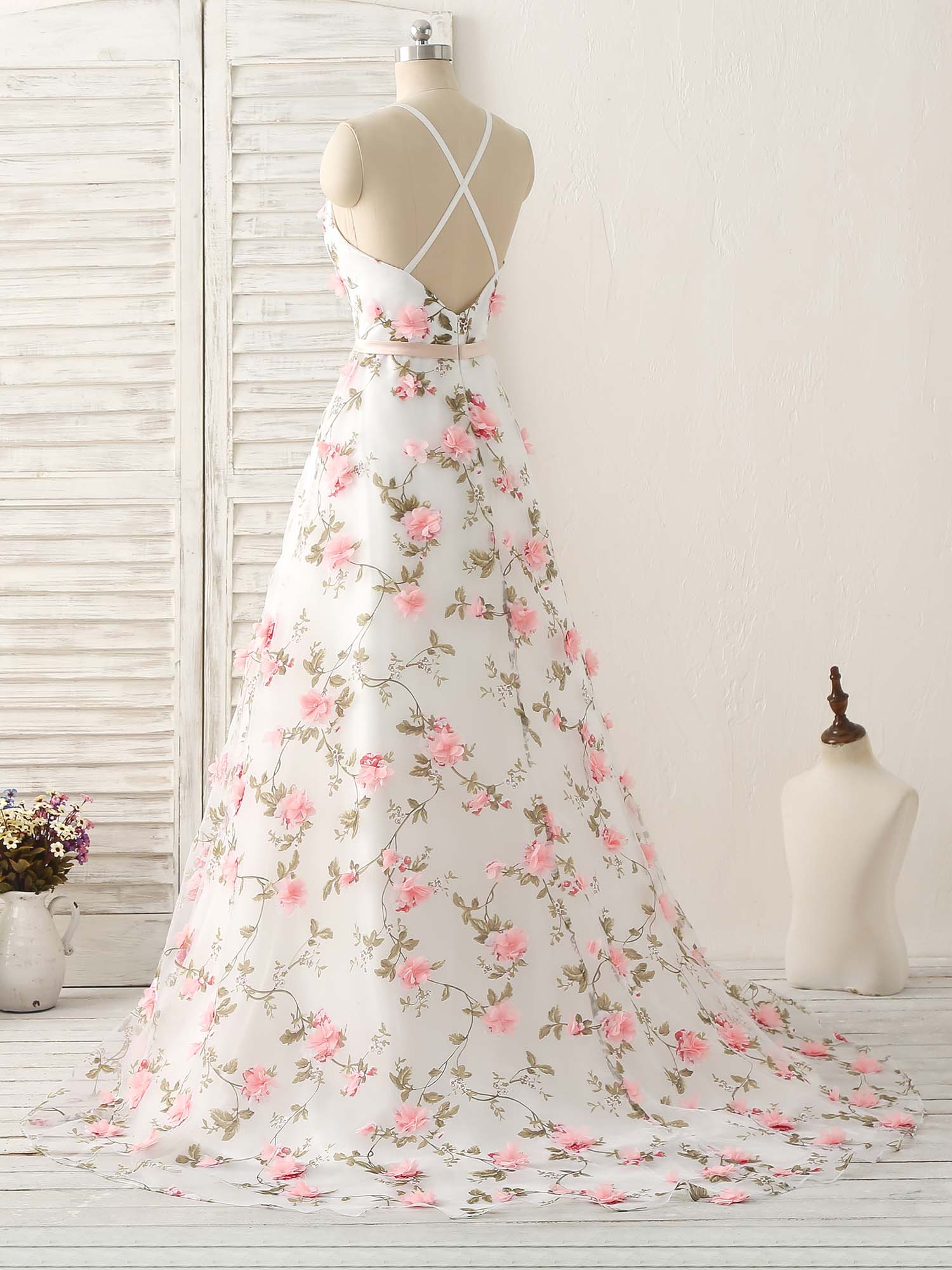White V Neck 3D Applique Tulle Long Prom Dress White Evening Dress - Deanwangkt