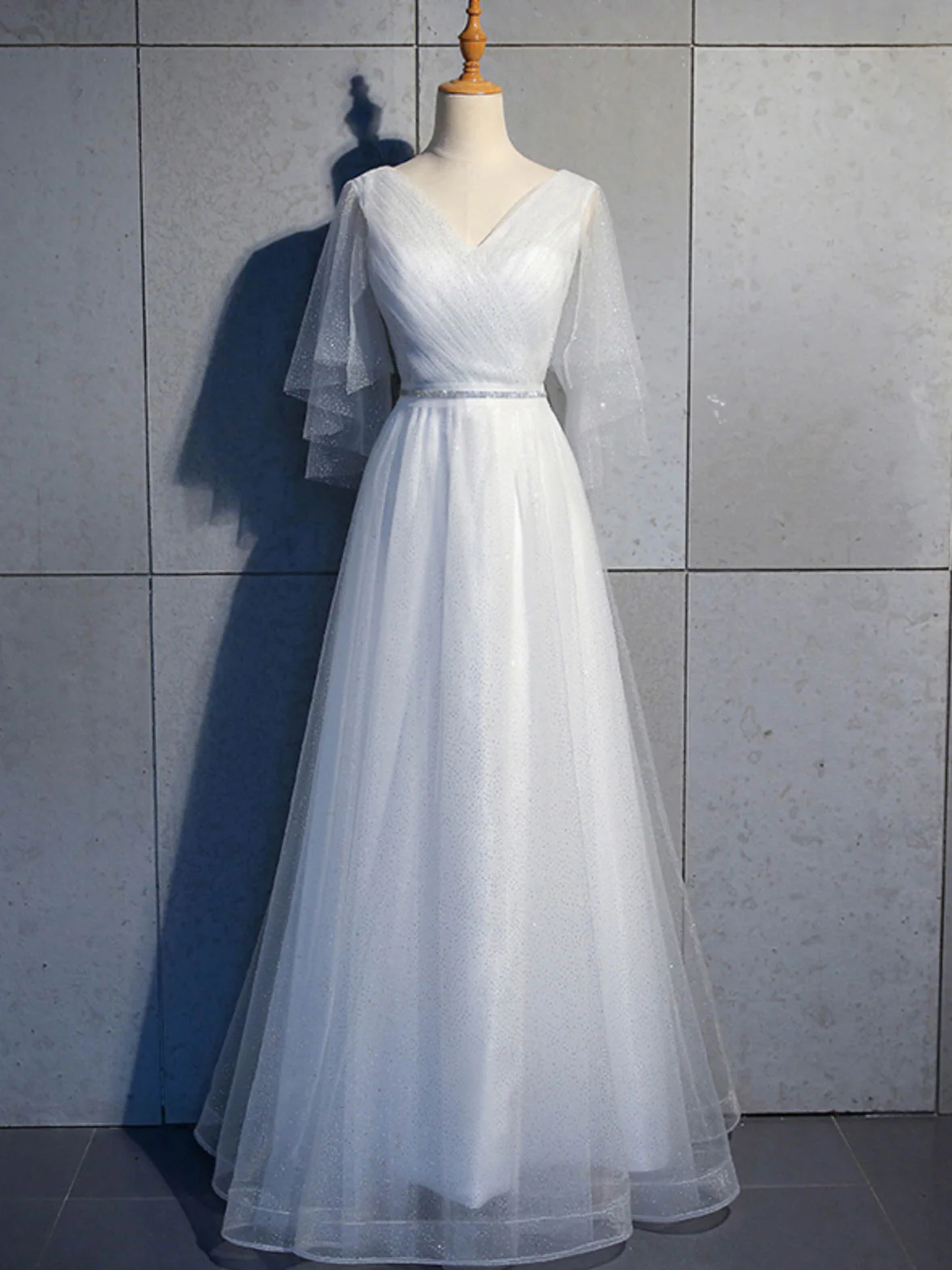 Simple V Neck Tulle Sequin Long Prom Dress, A line Tulle Evening Dresses - Deanwangkt