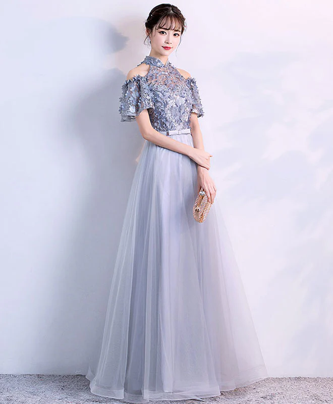 Unique Gray Tulle Applique Long Prom Dress, Gray Tulle Evening Dress - Deanwangkt