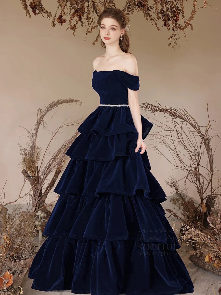 A-Line Off Shoulder Velvet Dark Blue Long Prom Dress, Dark Blue Long Formal Dress - Deanwangkt