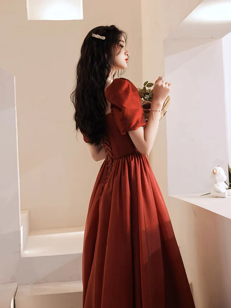A-Line Puff Sleeves Organza Burgundy Long Prom Dress, Burgundy Long Evening Dress - Deanwangkt