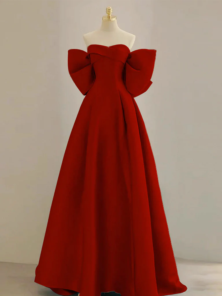 A-Line Sweetheart Neck  Satin Burgundy Long Prom Dress with Bow - Deanwangkt