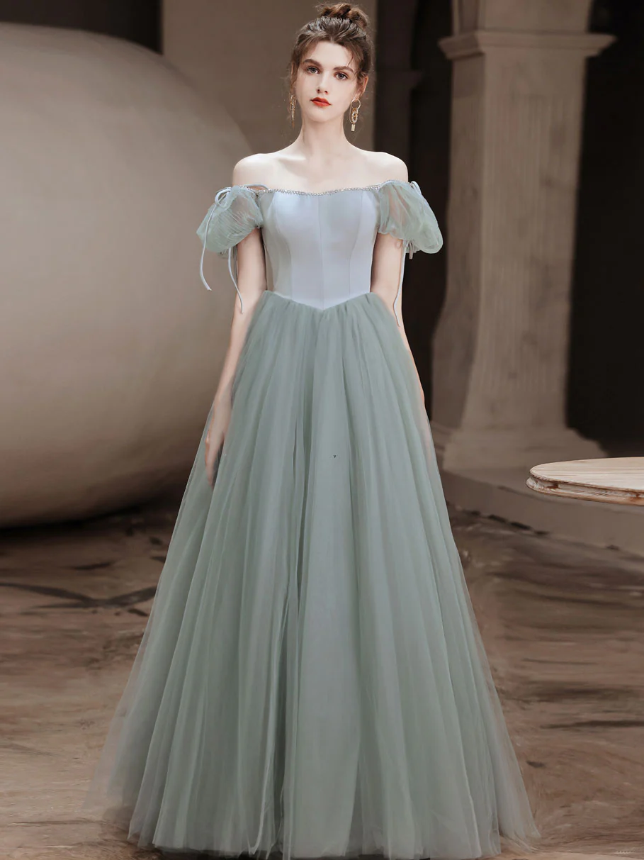 Simple Gray Green Tulle Long Prom Dress, Gray Green Evening Dress - Deanwangkt