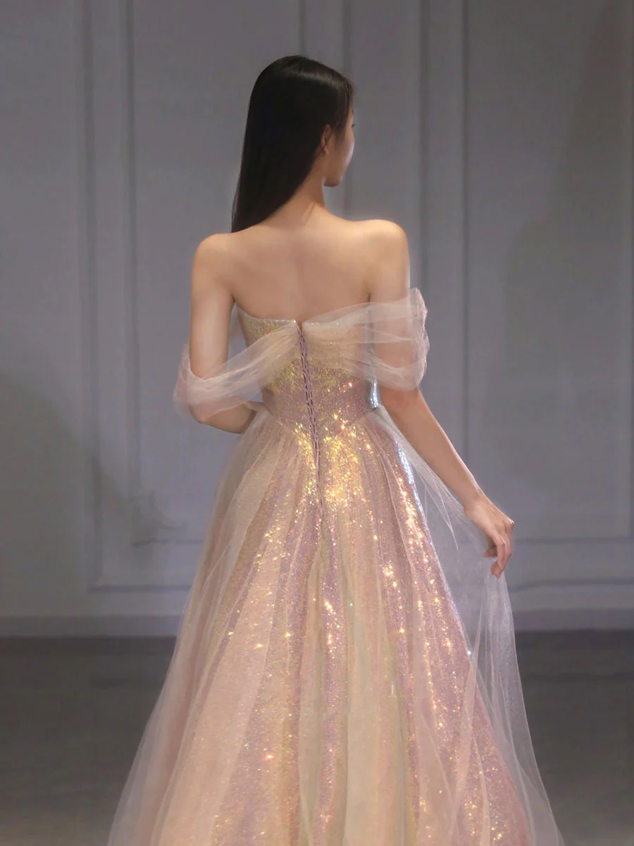A Line Tulle Sequin Long Prom Dress, Off Shoulder Formal Graduation Dress - Deanwangkt