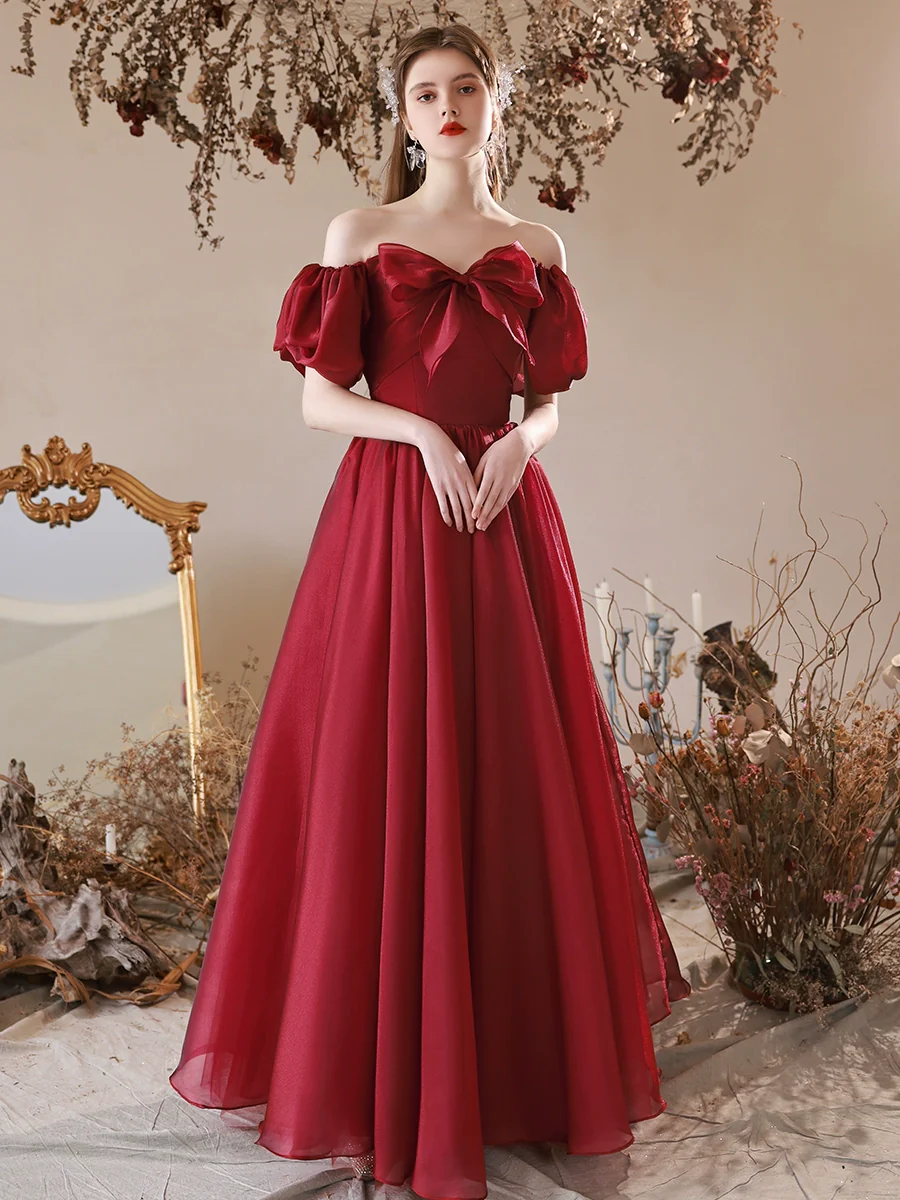 A-Line Burgundy Tulle Long Prom Dress, Burgundy Formal Dress - Deanwangkt