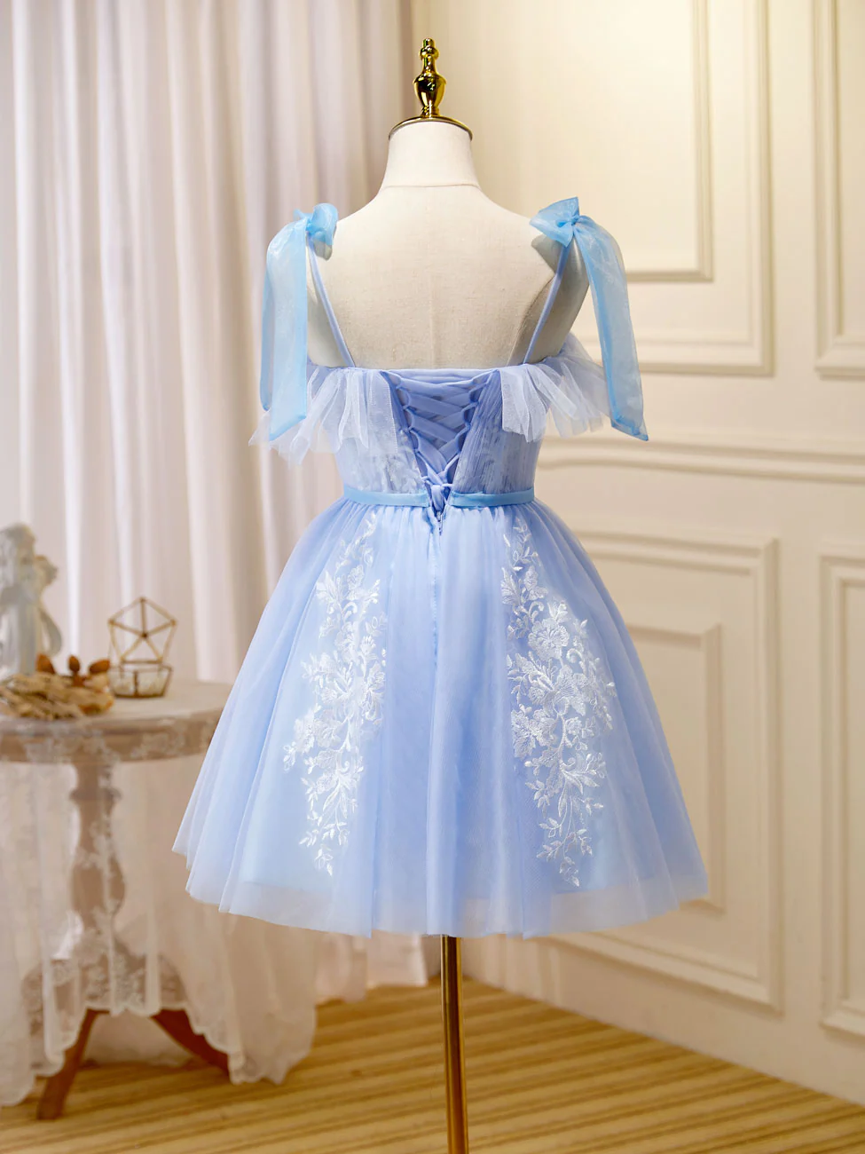 Blue Short Prom Dress, Puffy Cute Blue Homecoming Dress with Lace - Deanwangkt