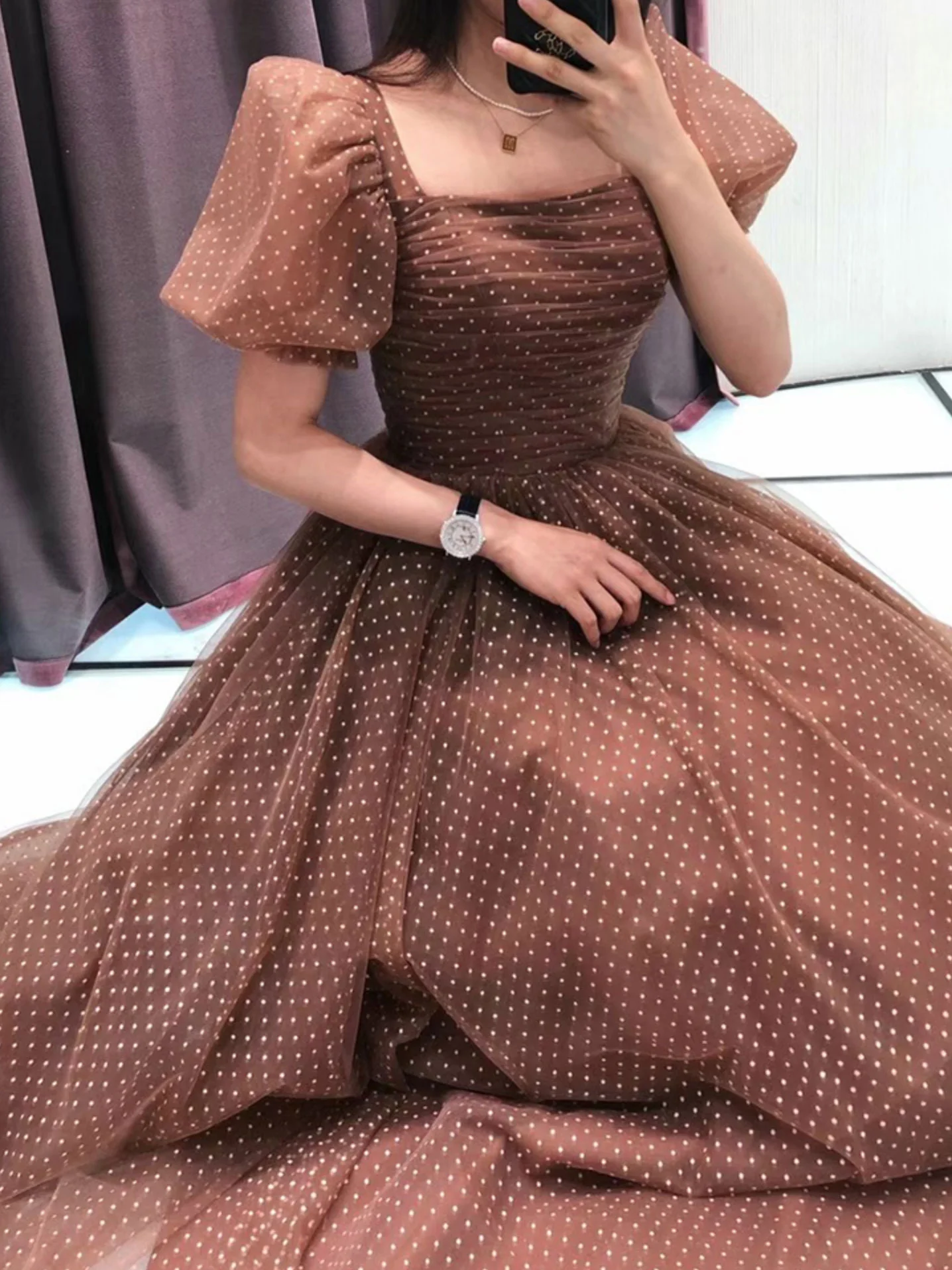 Elegant Retro Brown Tea Length Tulle Prom Dress, Puffy Homecoming Dress - Deanwangkt