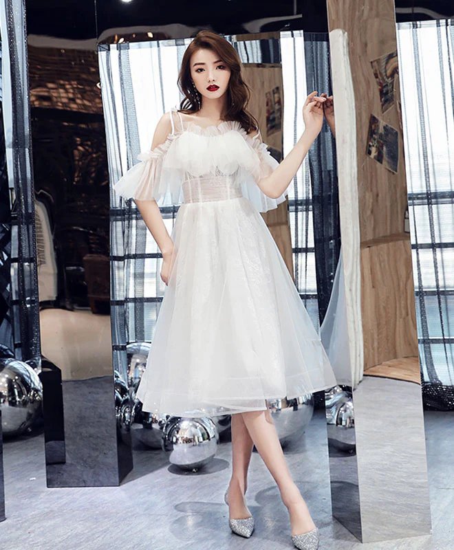 White Tulle Short Prom Dress, White Tulle Homecoming Dress - Deanwangkt