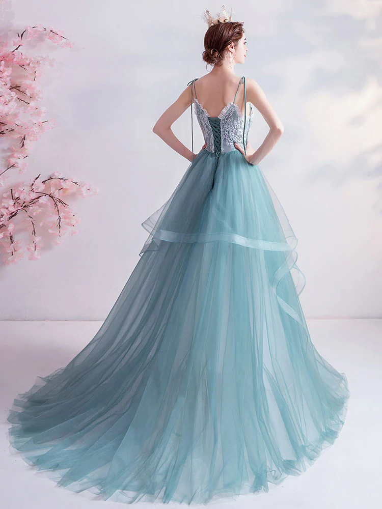 Green V Neck Tulle Lace Long Prom Dress Green Evening Dress - Deanwangkt