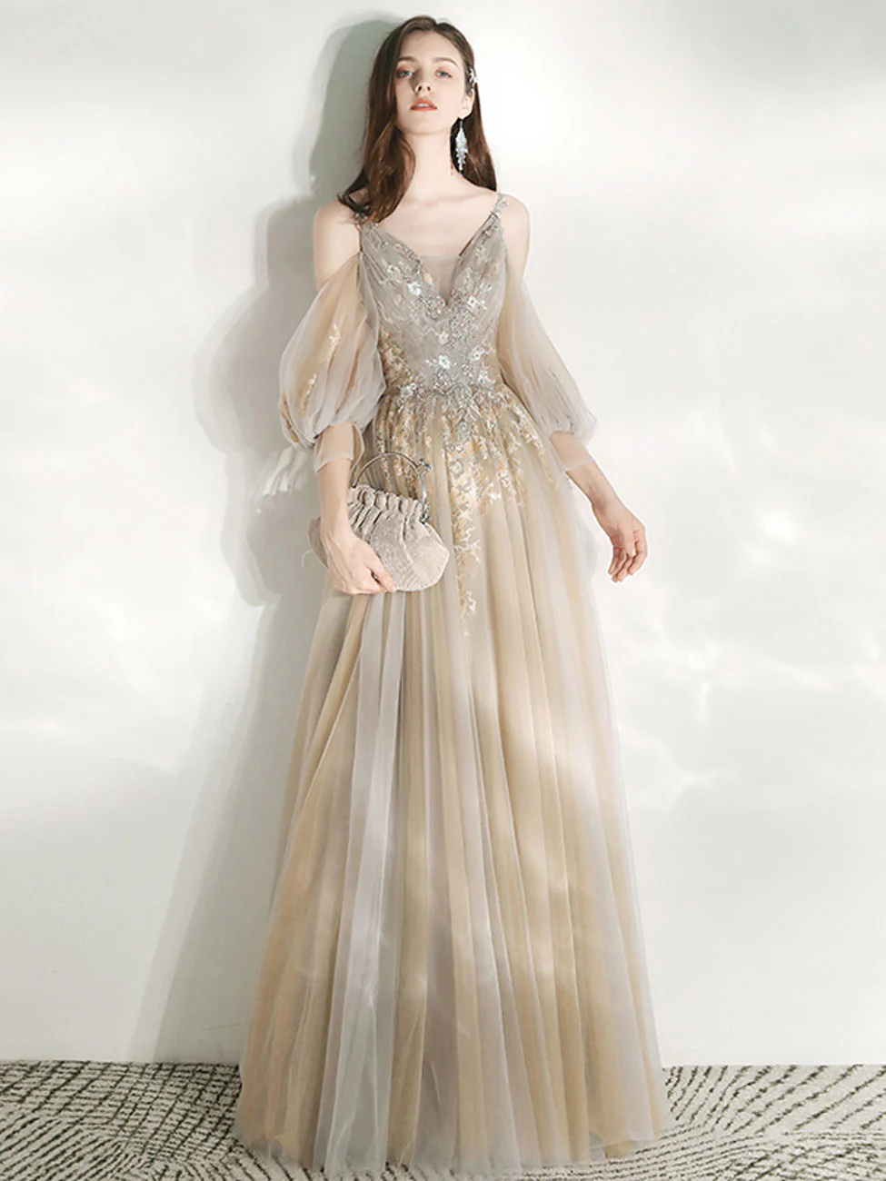 Champagne A Line Tulle lace long Prom Dress, Champagne Graduation Dresses - Deanwangkt