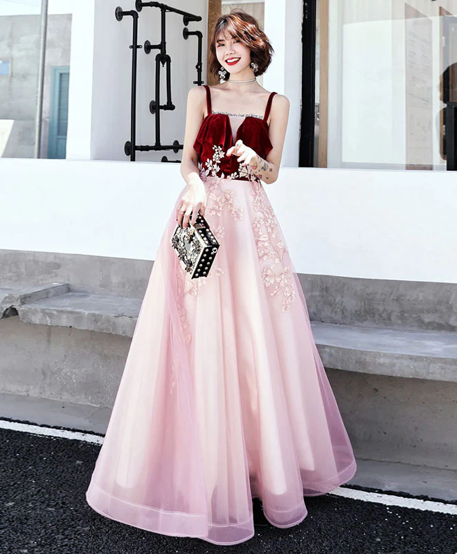 Pink Sweetheart Tulle Lace Long Prom Dress, Pink Evening Dress - Deanwangkt