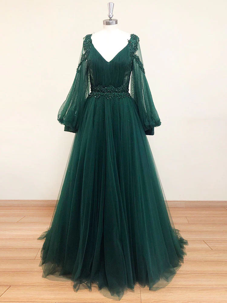 A-Line V Neck Tulle Lace Green Long Prom Dress, Green Formal Evening Dresses - Deanwangkt