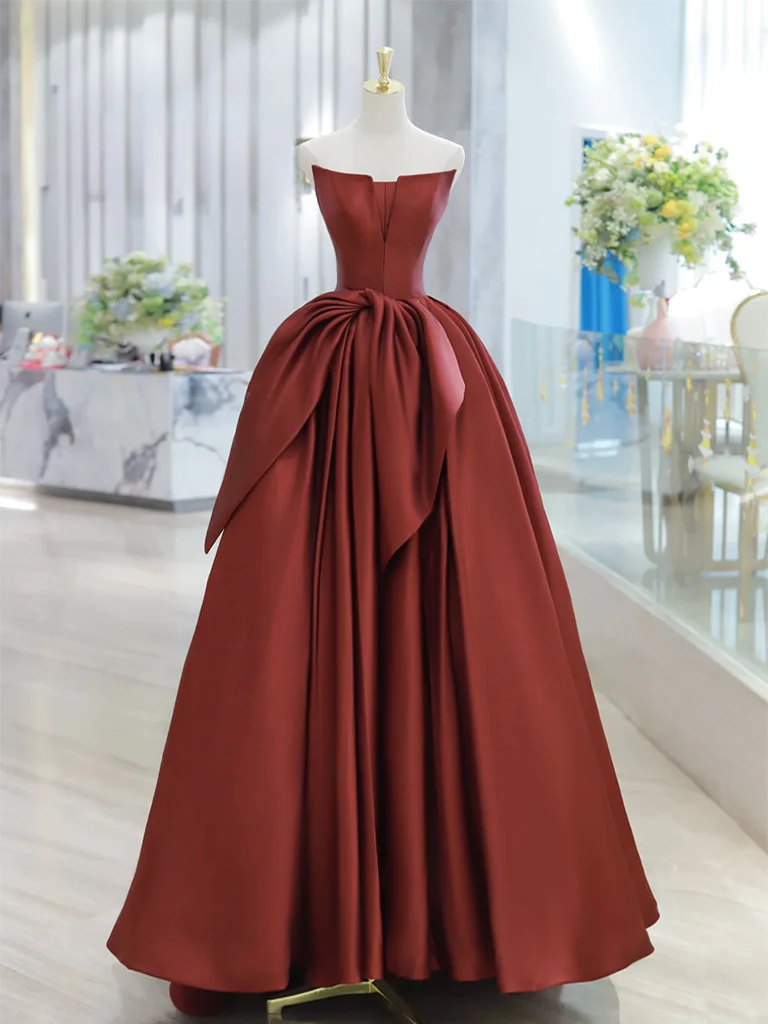 A-Line Satin Dark Red Long Prom Dress, Dark Red Formal Dress - Deanwangkt