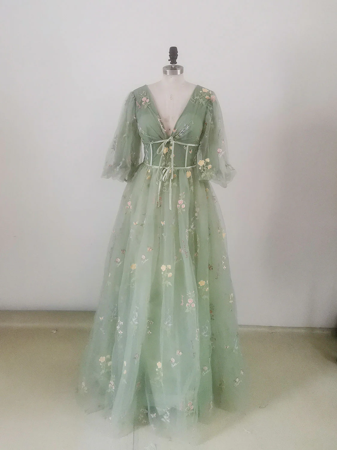 Green V Neck Tulle Lace Long Prom Dress, A Line Tulle Long Bridesmaid Dress - Deanwangkt