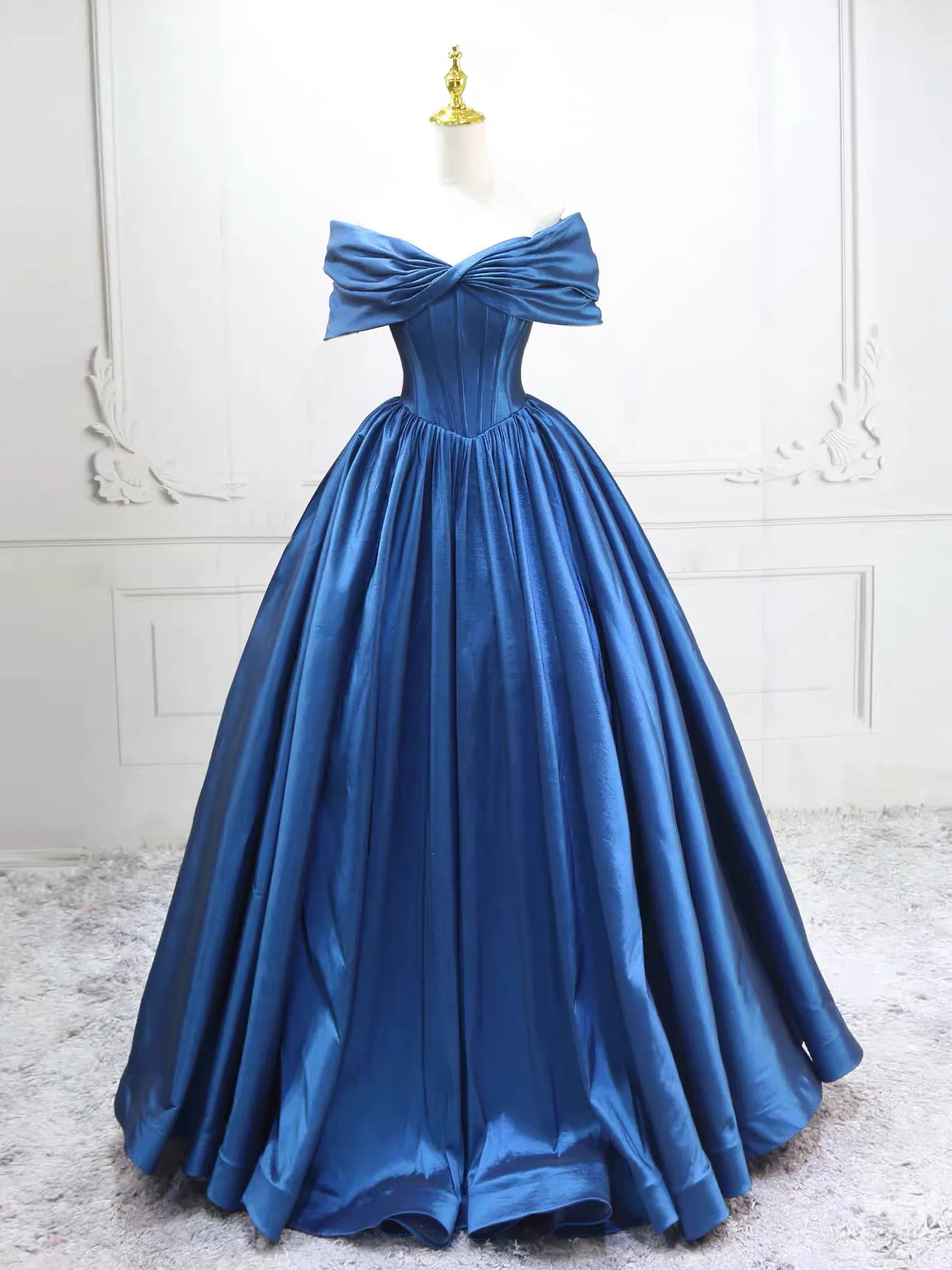 A-Line Off Shoulder Blue Long Prom Dress, Blue Long Formal Dress - Deanwangkt