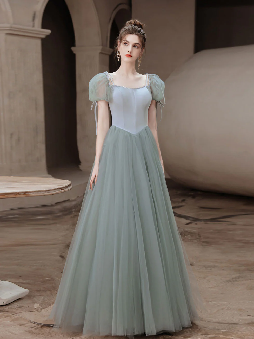 Simple Gray Green Tulle Long Prom Dress, Gray Green Evening Dress - Deanwangkt