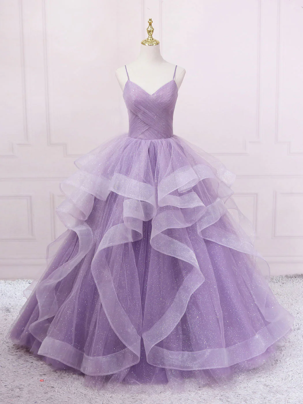 Purple V Neck Tulle Sequin Long Prom Dress Purple Tulle Formal Party Dress - Deanwangkt