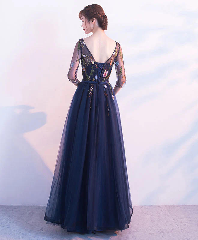 Dark Blue Tulle Lace Long Prom Dress, Blue Evening Dress - Deanwangkt