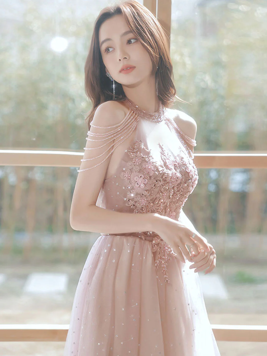 Unique Pink Tulle Lace Tea Length Prom Dress, Pink Tulle Formal Dresses - Deanwangkt