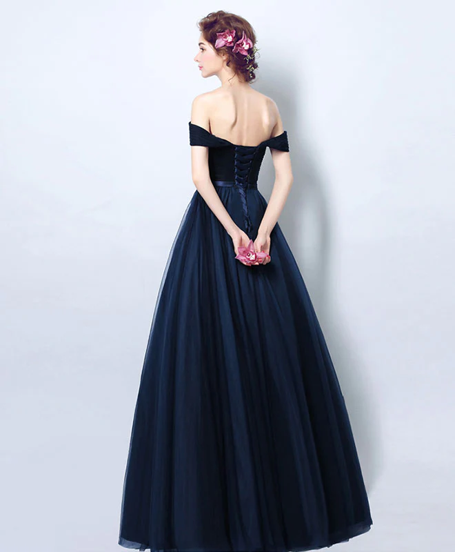 Dark Blue Tulle Long Prom Dress, Blue Tulle Bridesmaid Dress - Deanwangkt
