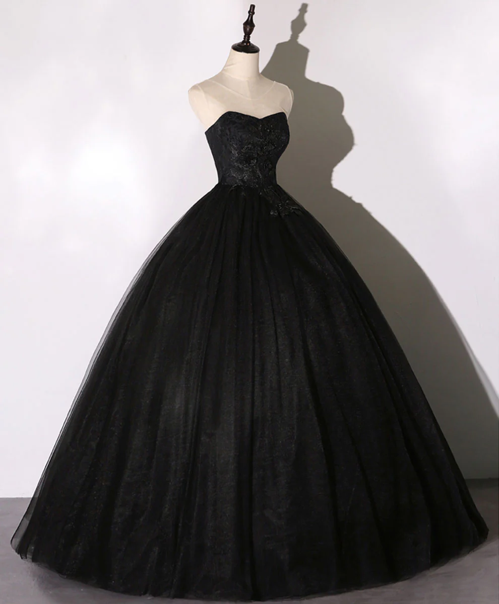 Black Sweetheart Neck Tulle Long Prom Dress Black Evening Dress - Deanwangkt