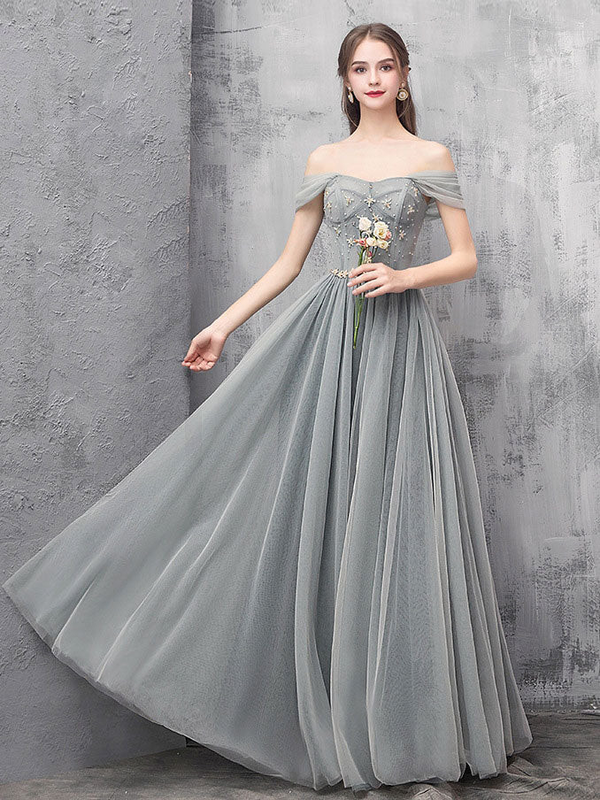 Gray A-line Off Shoulder Tulle Beads Long Prom Dress, Gray Evening Dress - Deanwangkt