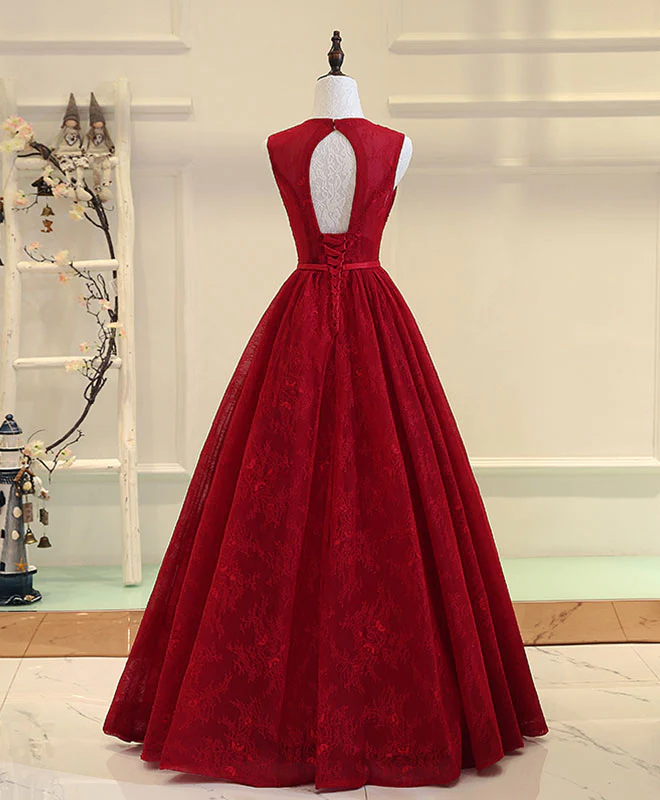 Burgundy V Neck Lace Long Prom Dress, Burgundy Evening Dress - Deanwangkt