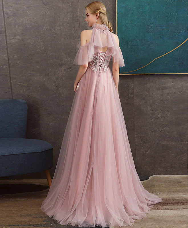 Pink Tulle Lace Long Prom Dress Pink Tulle Formal Graduation Dress with Beading - Deanwangkt