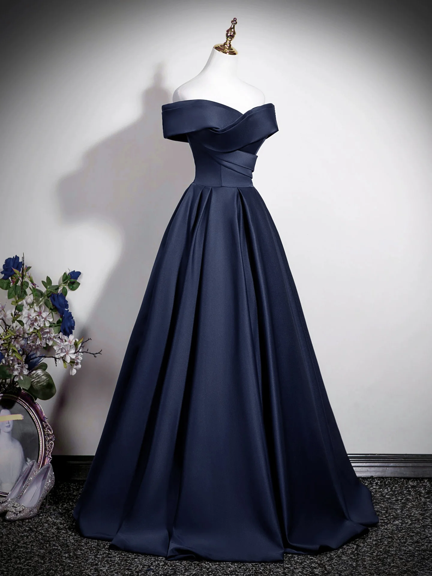 A-Line Off Shoulder Satin Dark Blue Long Prom Dress, Dark Blue Long Formal Dress - Deanwangkt